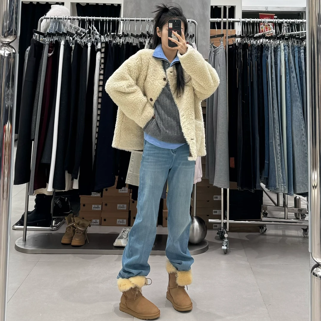 1086-BOENSESI-冬季新款高腰蓝色加绒窄版直筒牛仔裤