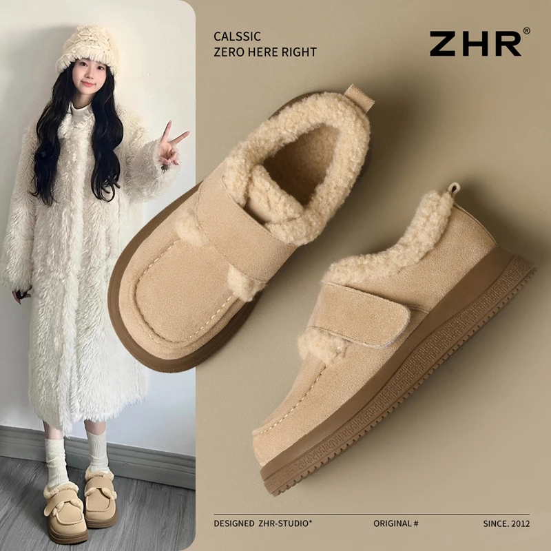 【清仓不补】加绒魔术贴乐福鞋女冬新款溢毛厚底雪地靴棉鞋勃肯鞋