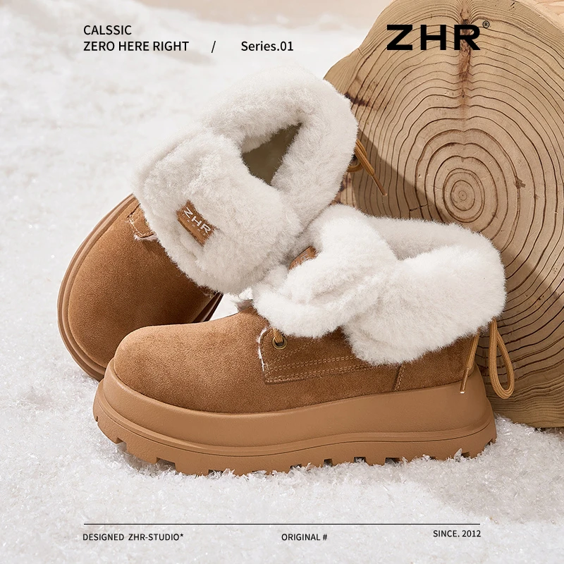 ZHR厚底加绒雪地靴女2025冬季新款复古两穿马丁靴保暖毛毛靴CX63