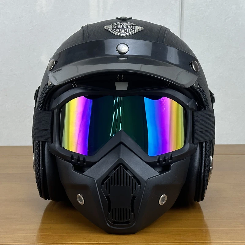 摩托车头盔个性复古定制电动车皮盔手工四季3.4巡航摩托车头盔