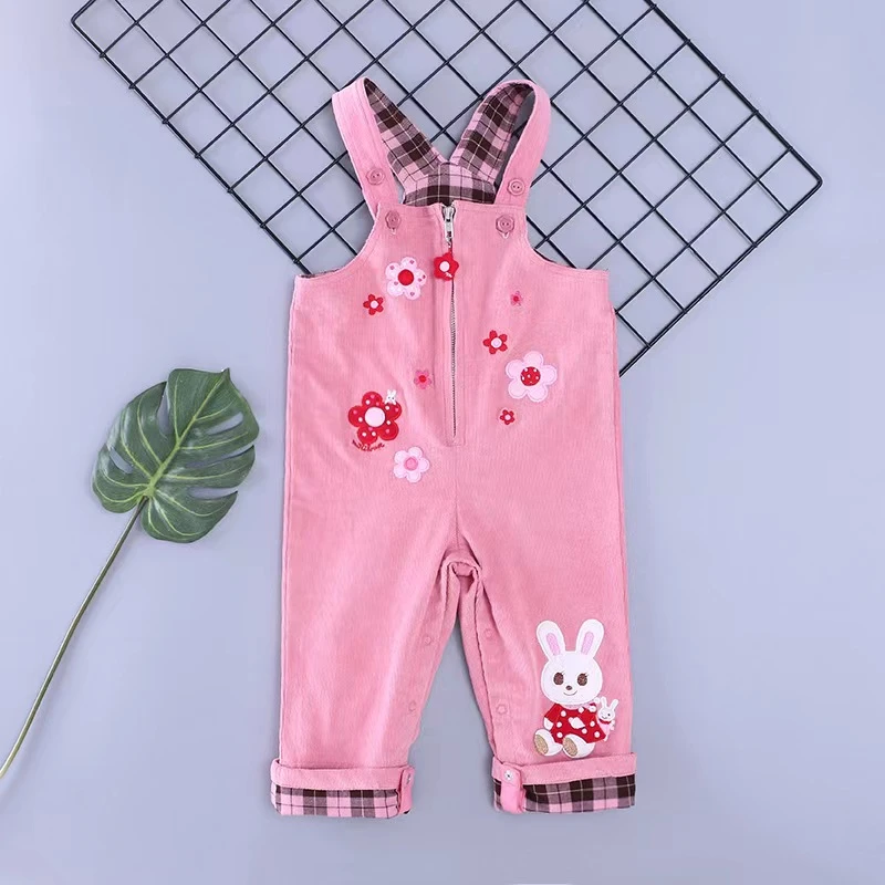 mk春秋童装女宝背带裤花朵小兔卷脚背带长裤女童儿童宝宝婴儿小童