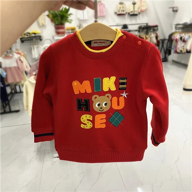 新款针织双层领卫衣卡通贴布小熊字母刺绣宽松长袖卫衣