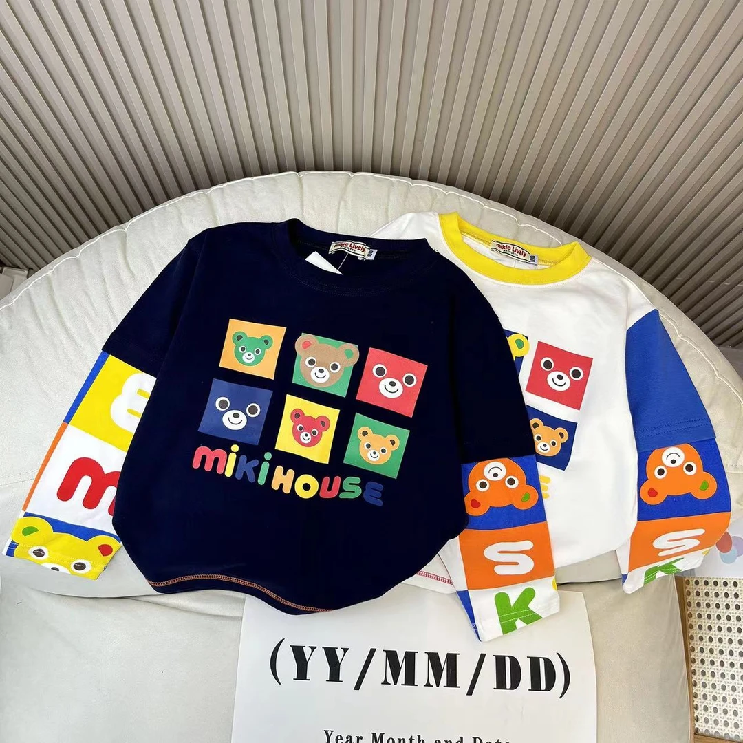 省心穿搭新款儿童春秋款小熊字母拼接假两件长袖T恤内搭上衣36137