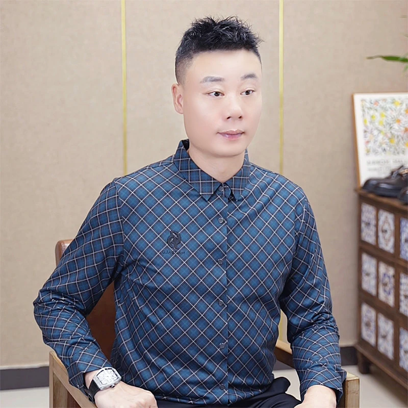 秋冬长袖衬衫男菱形格子中年男士爸爸装含羊毛衬衣男装大码上衣服