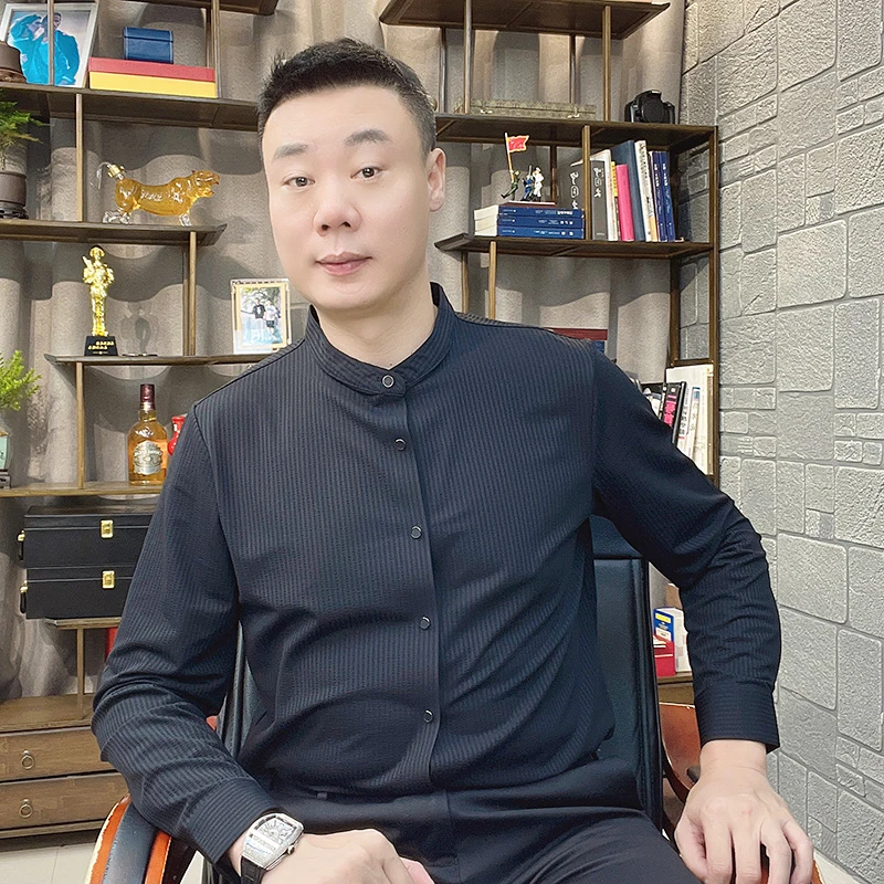 立领长袖衬衫男士秋冬装坑条纹弹力锦氨中年男装衬衣立领上衣服