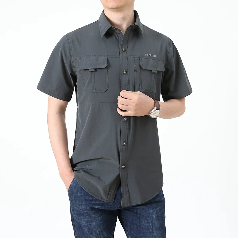 夏季新款男装大码宽松短袖衬衫男士户外运动速干纯色衬衣薄款男衣