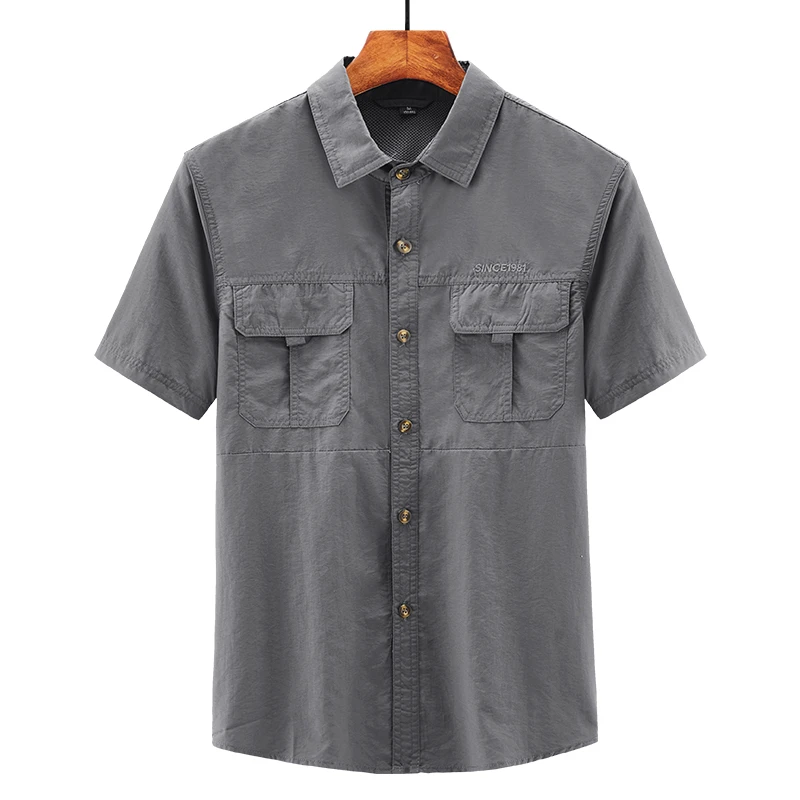 2025夏季新款大码男士翻领速干短袖衬衫户外休闲宽松半袖衬衣透气
