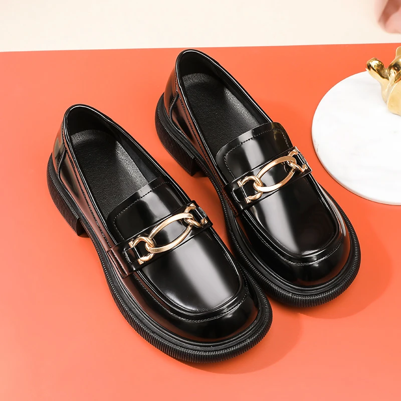 2024真皮圆头乐福鞋百搭镜面英伦风厚底乐福鞋时尚黑色软底8A0035