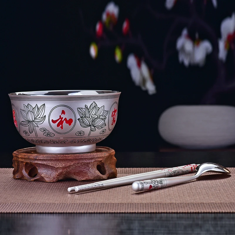 足银银制品 999足银餐具官方正品家和万事兴食用级银碗银筷银勺