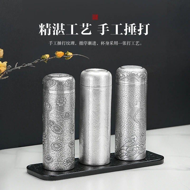 足银银制品 双12足银水杯999通体全银杯纯手工锤纹直杯泡茶银杯子