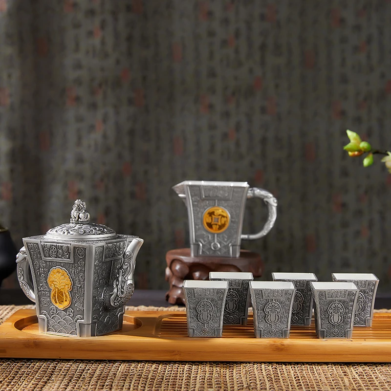 足银银制品 足银999中式复古家用大容量百财纳福银茶壶银茶杯套装