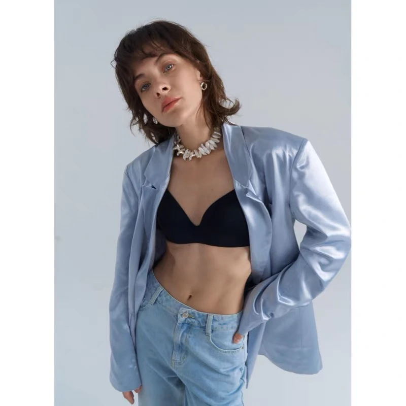 Heemmi/赫觅夏季新款fang醋酸天空蓝亮面西装 新品宽松纯色