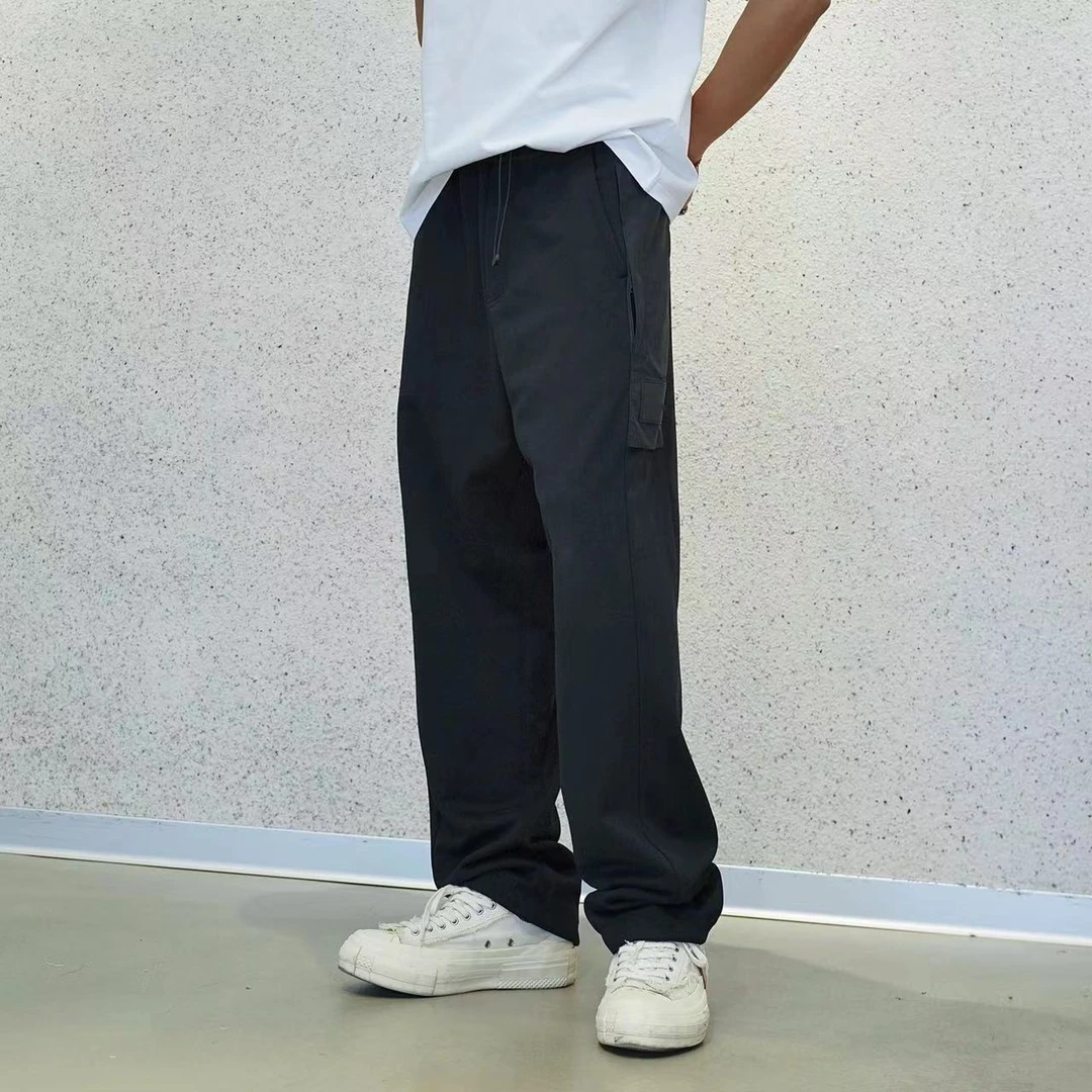 男士直筒时尚休闲百搭黑色潮流带扣长款户外宽松拼接直筒裤休闲裤