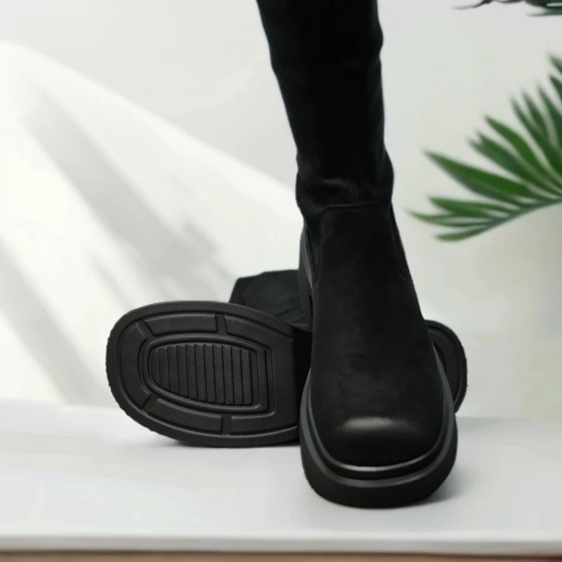 断码  秋冬靴子时尚百搭厚底长筒粗跟圆头