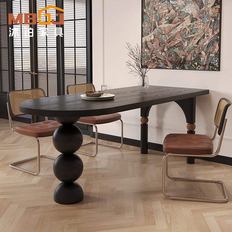 沐铂实木中古餐桌半椭圆复古轻奢小户型家用北欧设计师简桌子创意