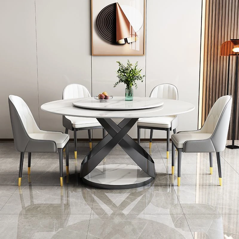 高级亮光岩板餐桌家用轻奢圆桌带转盘圆形吃饭桌子现代大理石饭桌