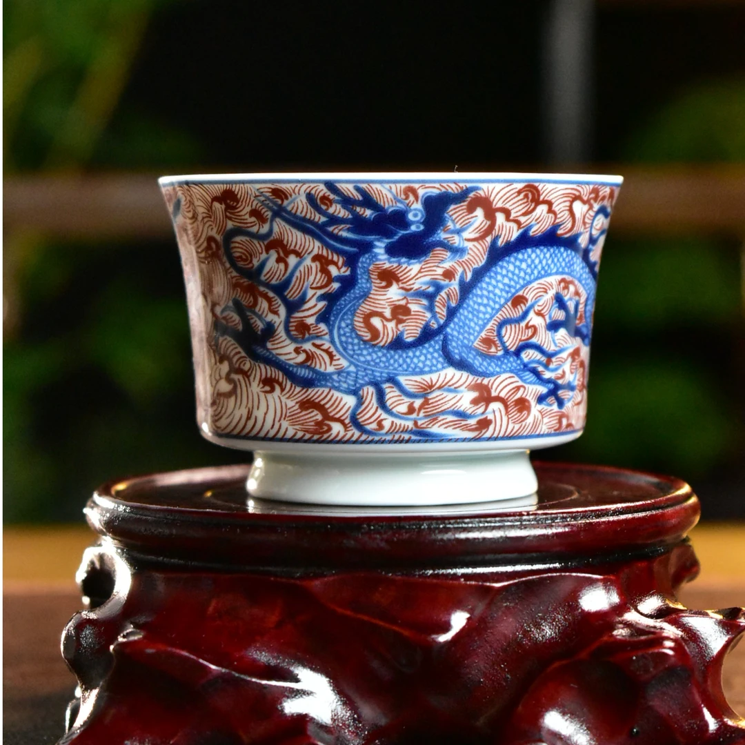 景德镇茶具釉里红元龙仿古泥釉下彩马蹄型主人杯高档茶具青花瓷器