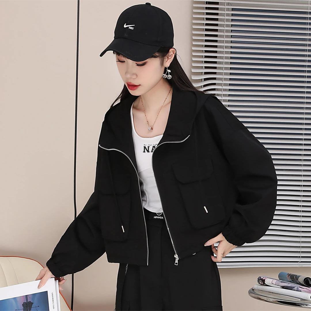 欧货秋季小众宽松原宿bf夹克上衣连帽口袋工装外套女短款小个子