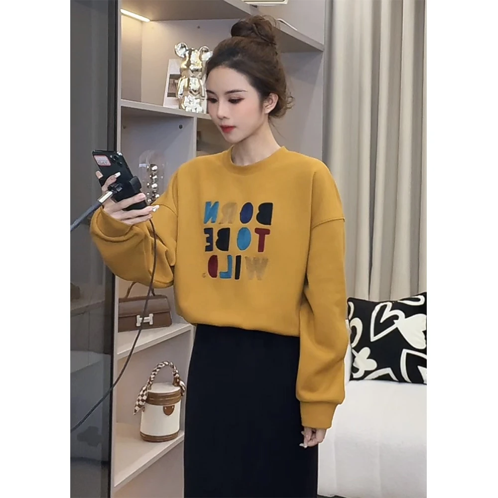 小个子穿搭秋冬新款圆领套头彩色字母刺绣加绒加厚卫衣外套上衣