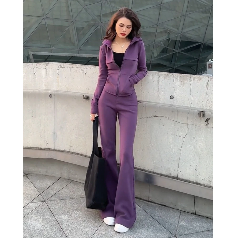 加绒运动套装女秋冬修身显瘦连帽开衫卫衣+休闲长裤气质两件套女