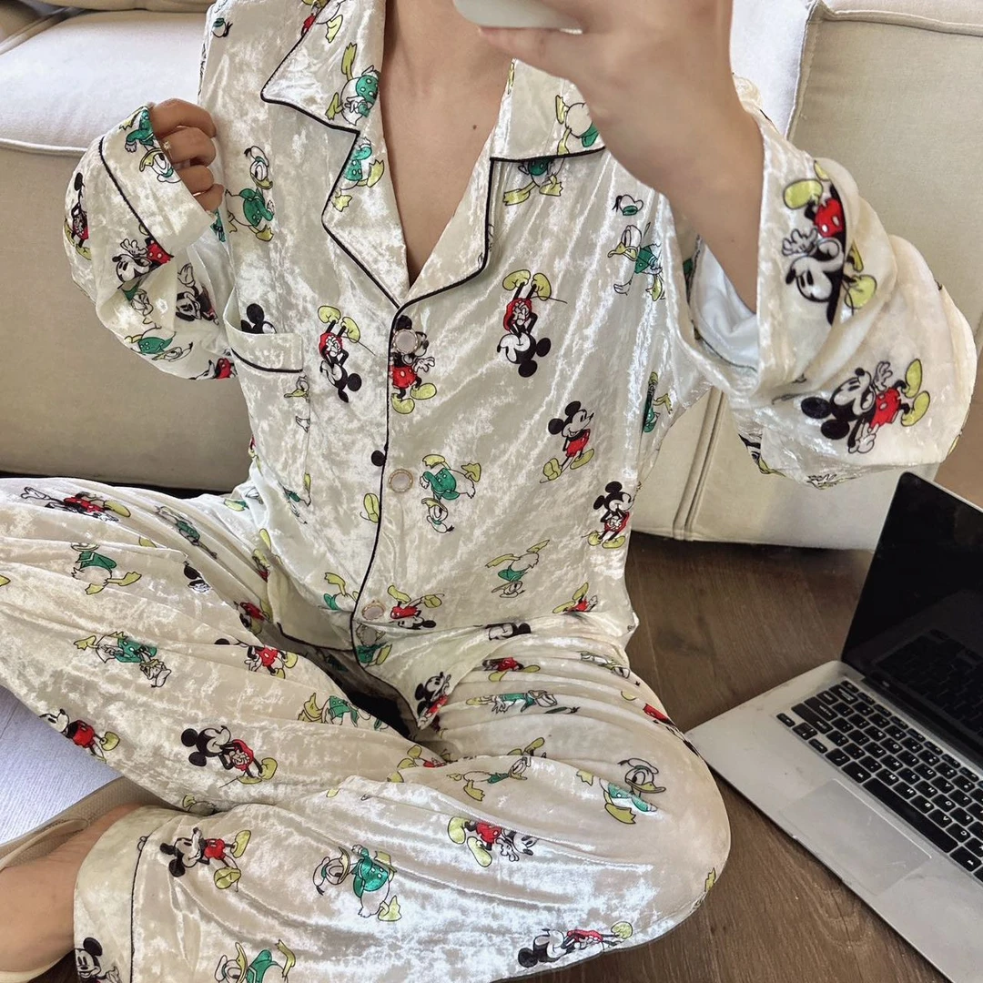 ins风米奇秋季新款金钻绒开衫吸汗睡衣女长袖家居服套装