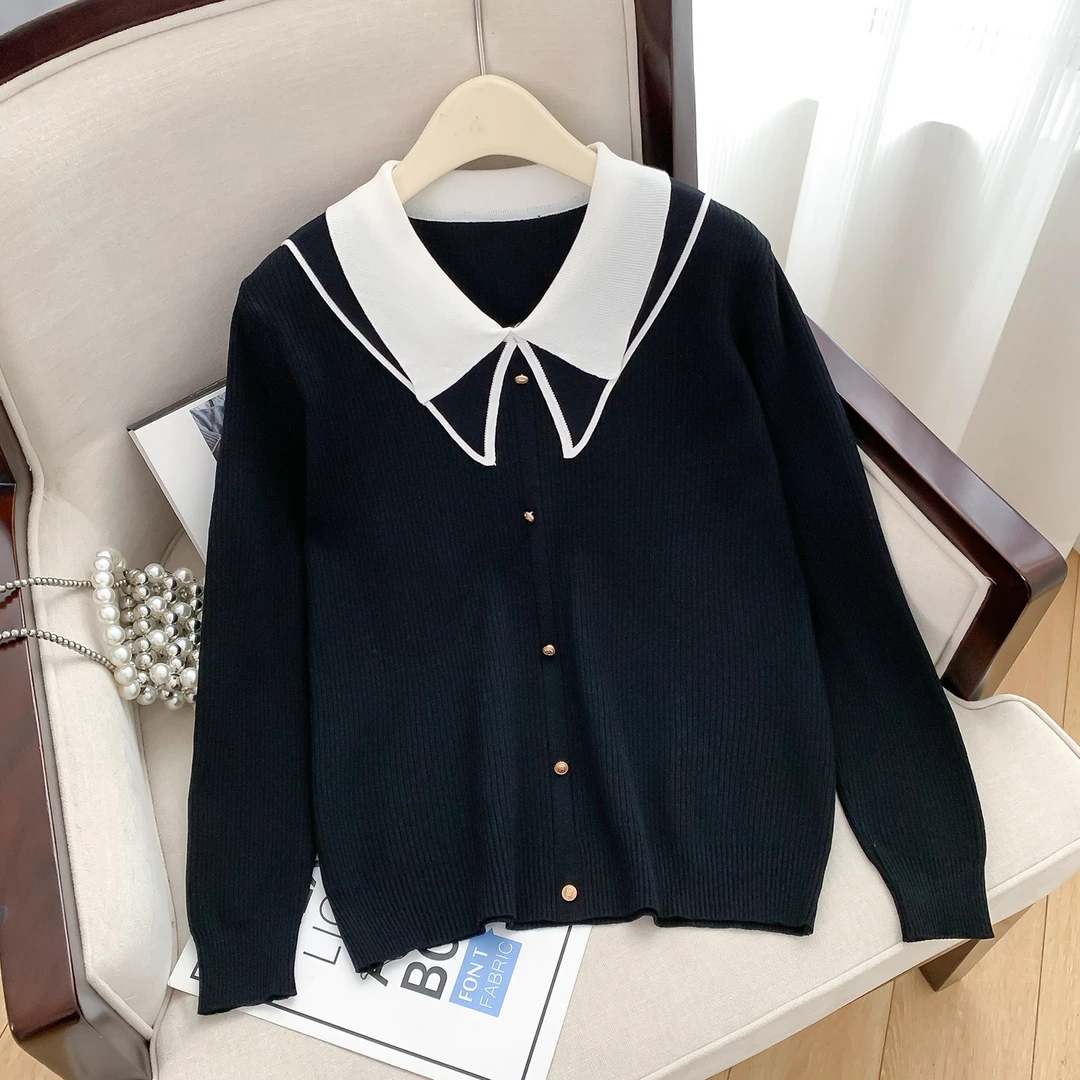 工厂直销9288#（90-200斤穿）大码女装娃娃领撞色针织衫长袖显瘦