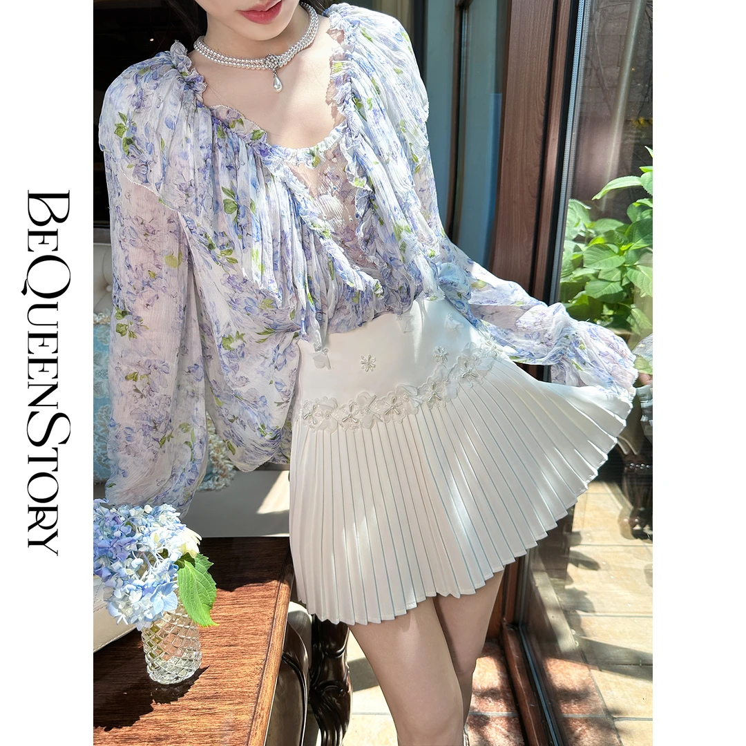 余潇潇【告白栀子】手工立体花朵设计百褶短裙高腰显瘦A字小白裙