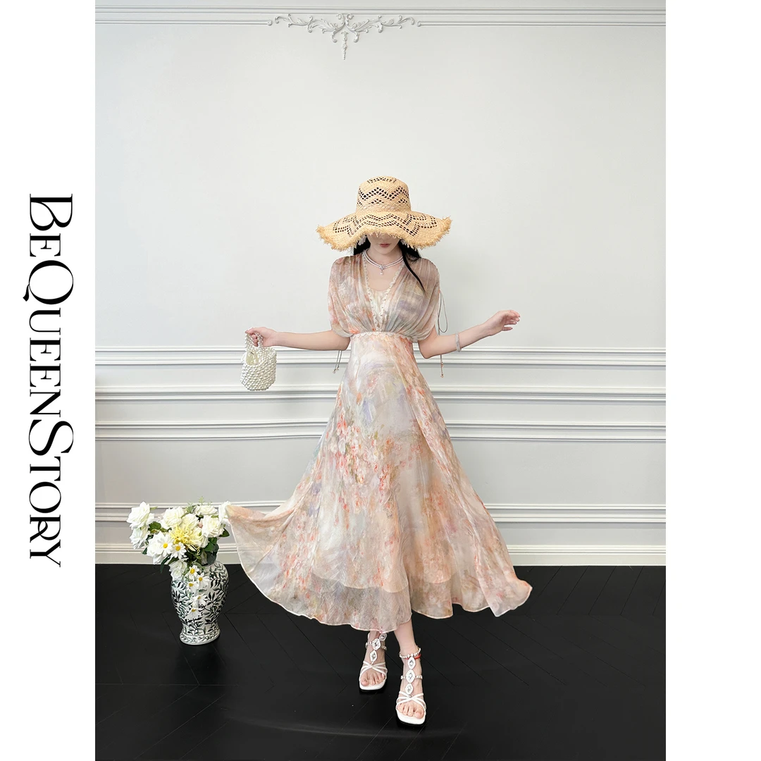 余潇潇【罗马玫瑰】轻奢真丝抽褶蝴蝶袖气质收腰连衣裙