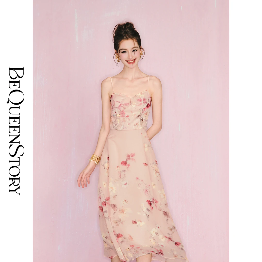 余潇潇【盛夏繁音】优雅复古气质收腰显瘦带胸垫吊带印花裙