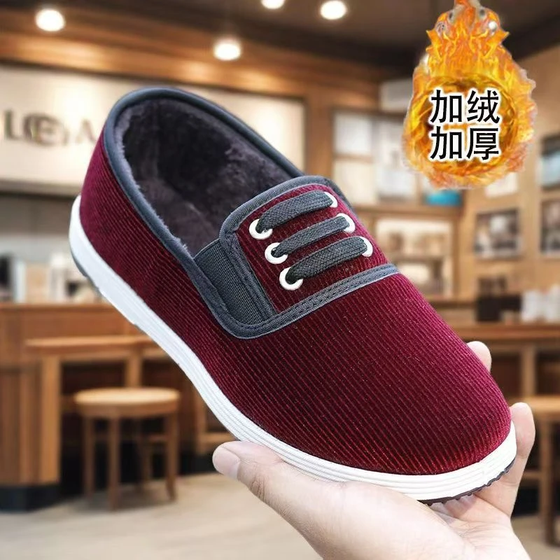 灯芯绒面加绒休闲中老年布鞋防滑男款加厚男女款工地松紧鞋女款