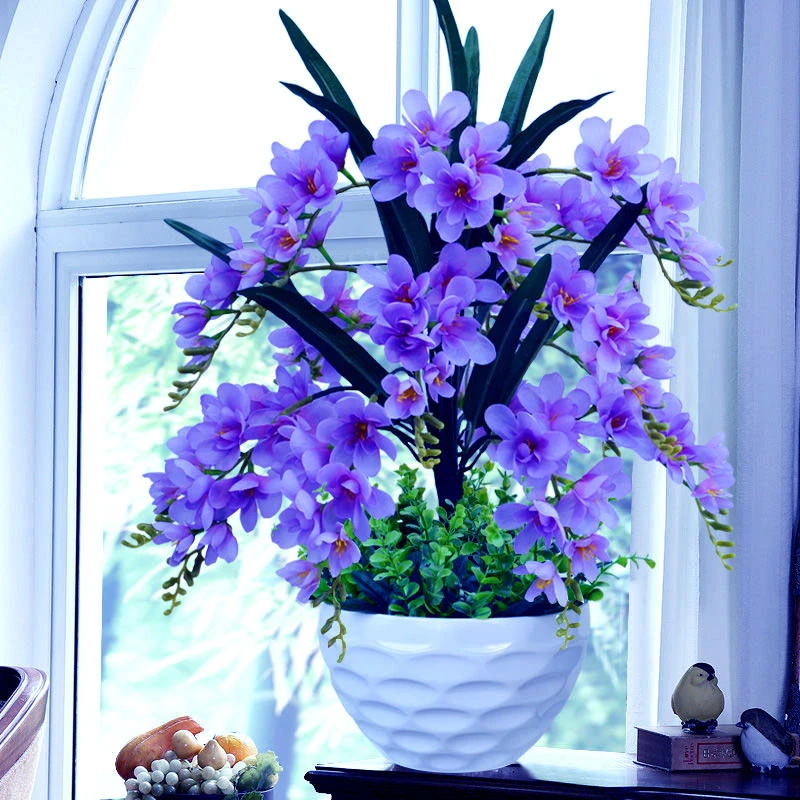 假花仿真花香雪兰盆景蓝色粉色红色陶瓷紫色花艺客厅装饰花卉摆件