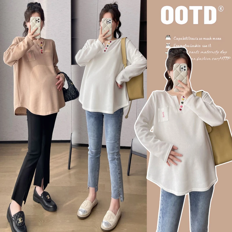 孕妇秋装2024新款休闲V领时尚甜美刺绣宽松T恤宽松长袖网红上衣秋
