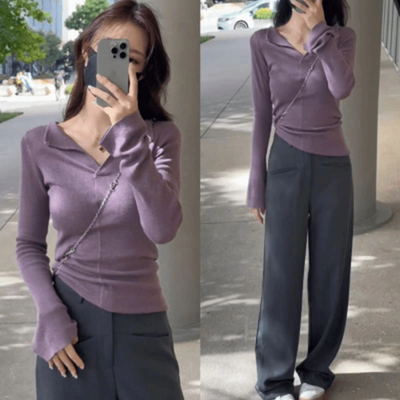 V领修身显痩长袖纸片人针织打底衫+窄版前口袋直筒垂感拖地西裤