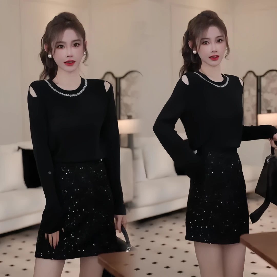 秋冬高级定制套装法式小心机露肩镶钻针织毛衣＋高腰A版亮片裙