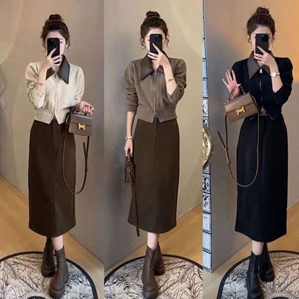 洋气裙子开衫套装拼接秋冬POLO领包臀减龄毛衣+气质半身裙两件套