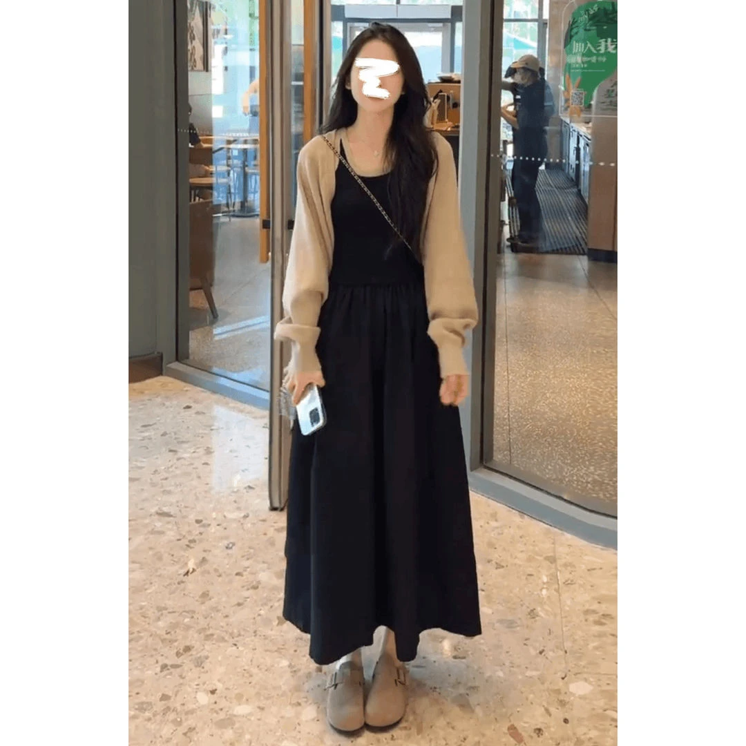 秋装网红气质针织拼接收腰吊带连衣裙搭配开衫针织披肩时尚套装女