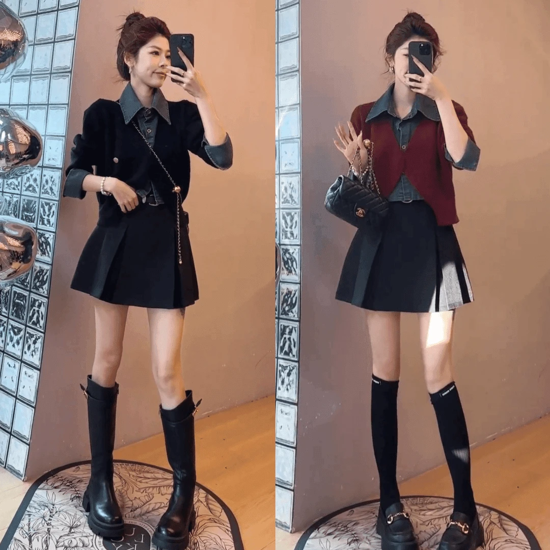 时尚拼接牛仔POPO领假两件针织毛衣+高腰显瘦A字工字百褶半身裙女