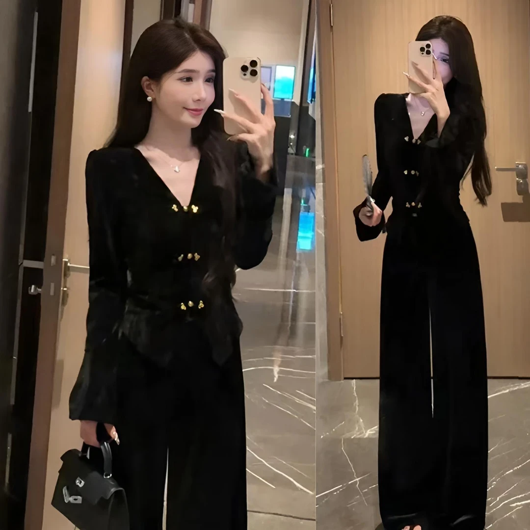 新中式黑色时尚套装女秋冬新款韩版气质时尚显瘦设计感上衣阔腿裤