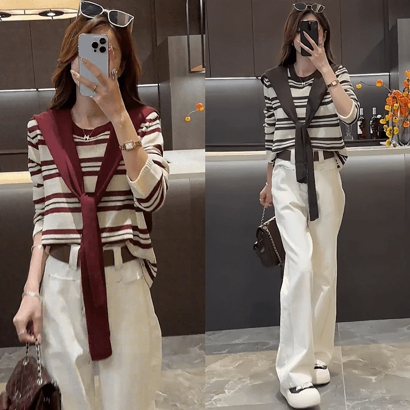 秋季新款显瘦百搭宽松气质阔腿裤针织衫上衣休闲牛仔裤套装减龄
