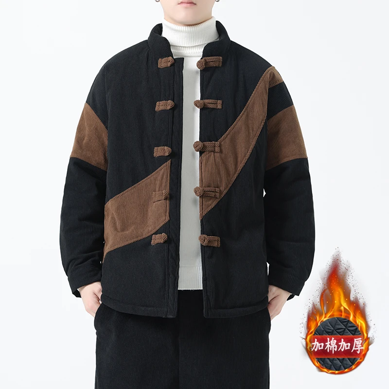 冬季中国风盘扣灯芯绒棉衣男休闲复古青年秋冬拼接加厚保暖棉服男