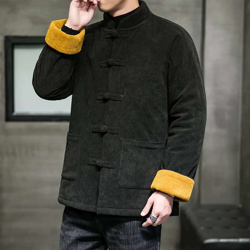 冬季灯芯绒棉袄中国风男装盘扣大码中复古青年唐装加棉加厚棉衣男