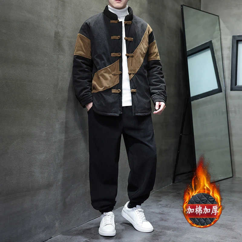 冬季中国风灯芯绒棉衣套装中式青年唐装盘扣立领保暖两件套棉袄男