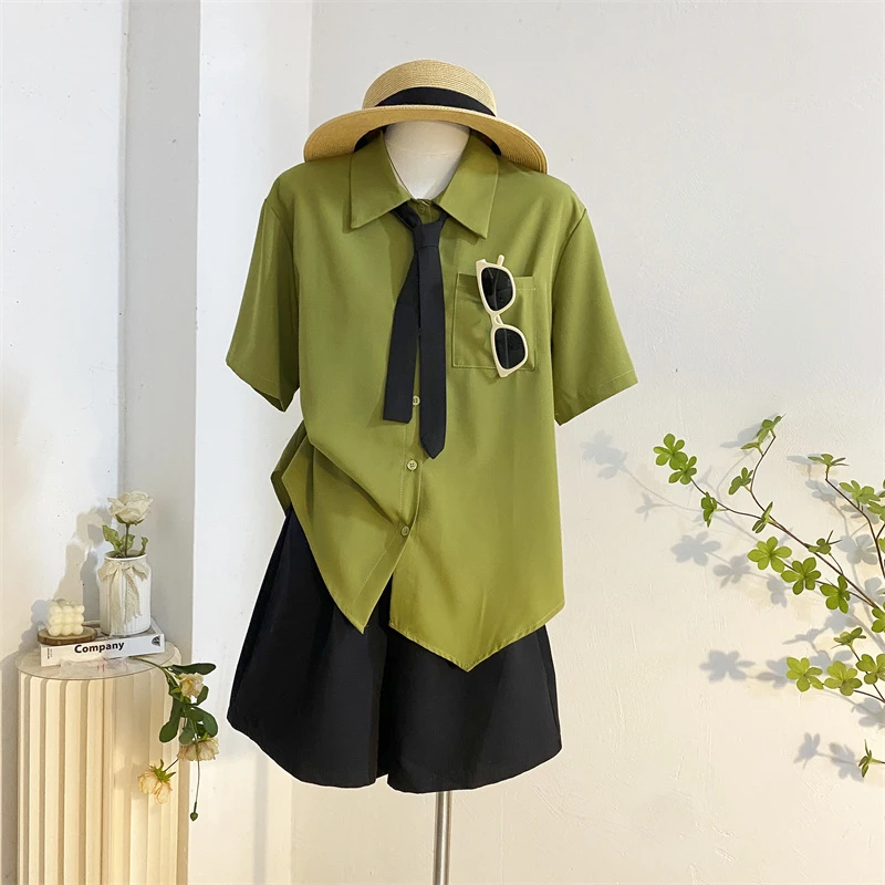夏季短袖上衣设计感小众高级垂感牛油果绿色领带雪纺衬衫女减龄