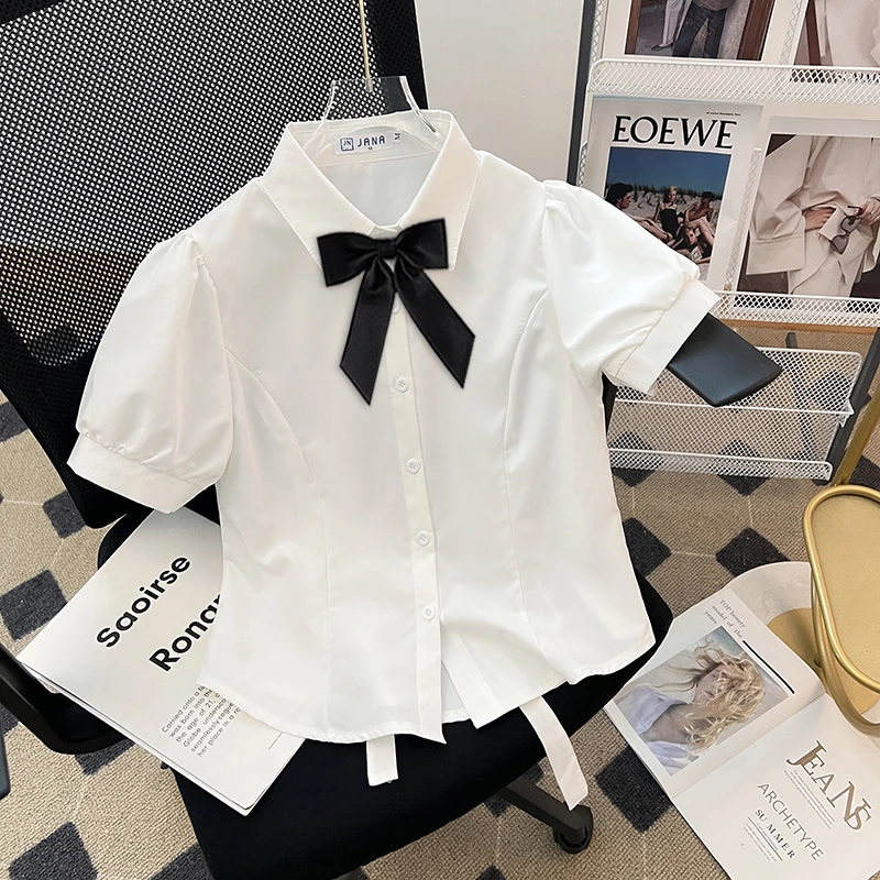 收腰学院风JK衬衫女夏季百搭显瘦设计感绑带上衣2024新款短袖衬衣
