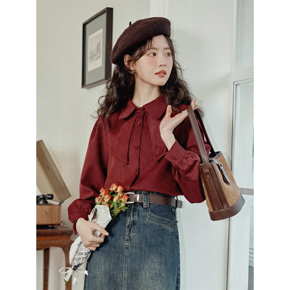 港味法式复古宽松长袖衬衫女春2024新款小个子设计感小众内搭上衣