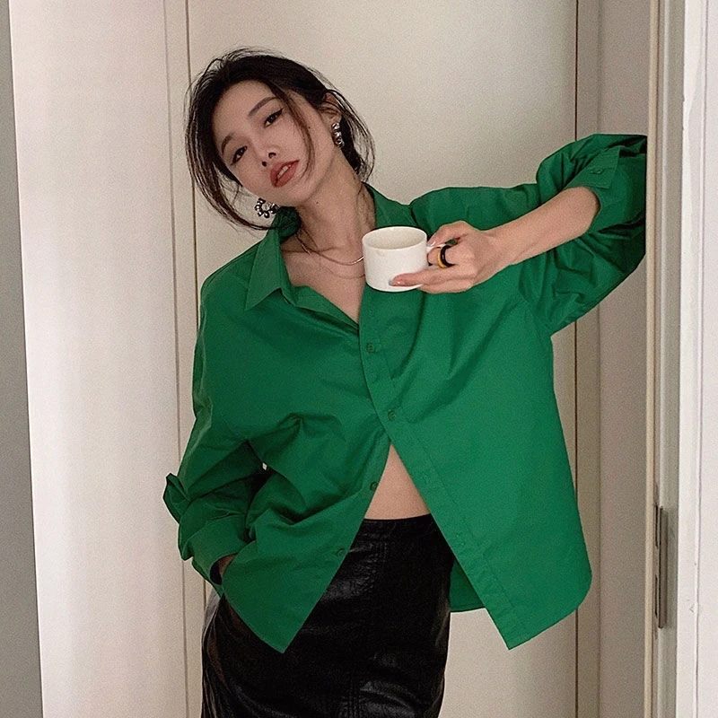 绿色衬衫女港风复古春秋韩版宽松外穿中长款设计感小众小个子衬衣
