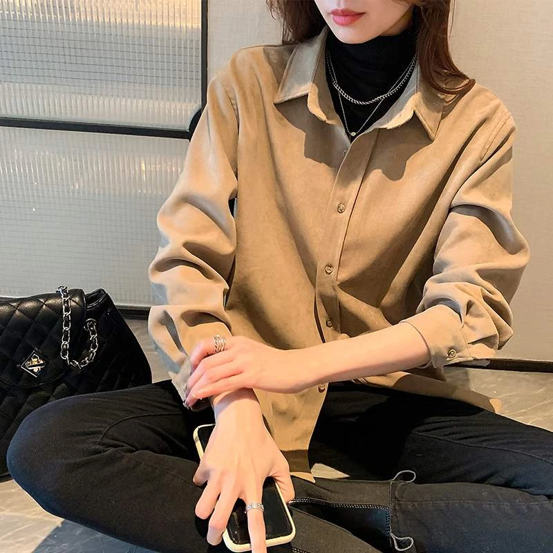 衬衫女秋冬叠穿设计感小众上衣灯芯绒复古港味磨毛衬衣外套休闲