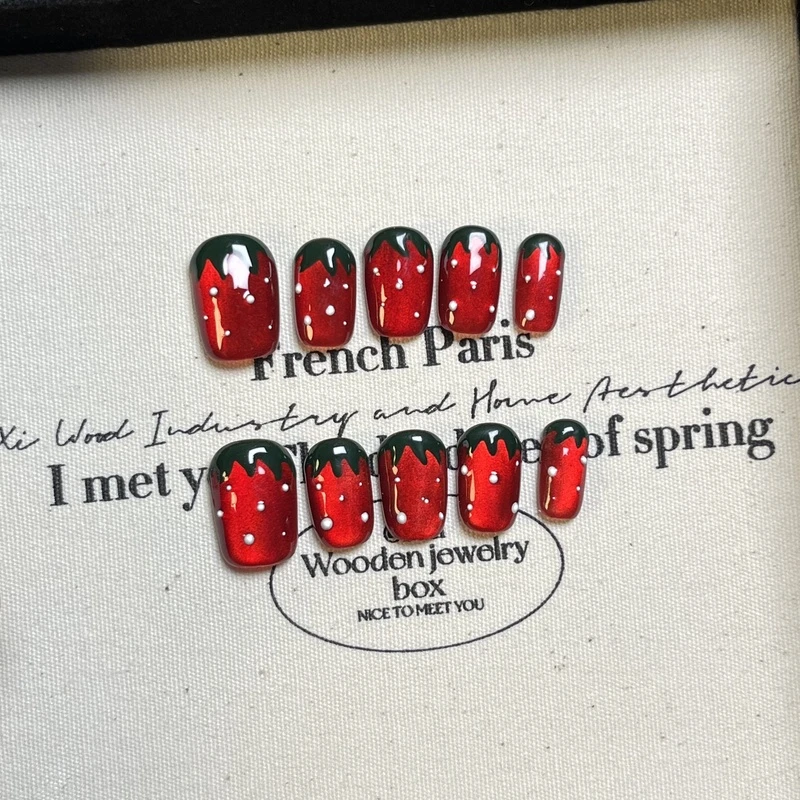 【草莓】纯手工穿戴式美甲贴片显白新款短甲高级穿戴甲红色美甲图片