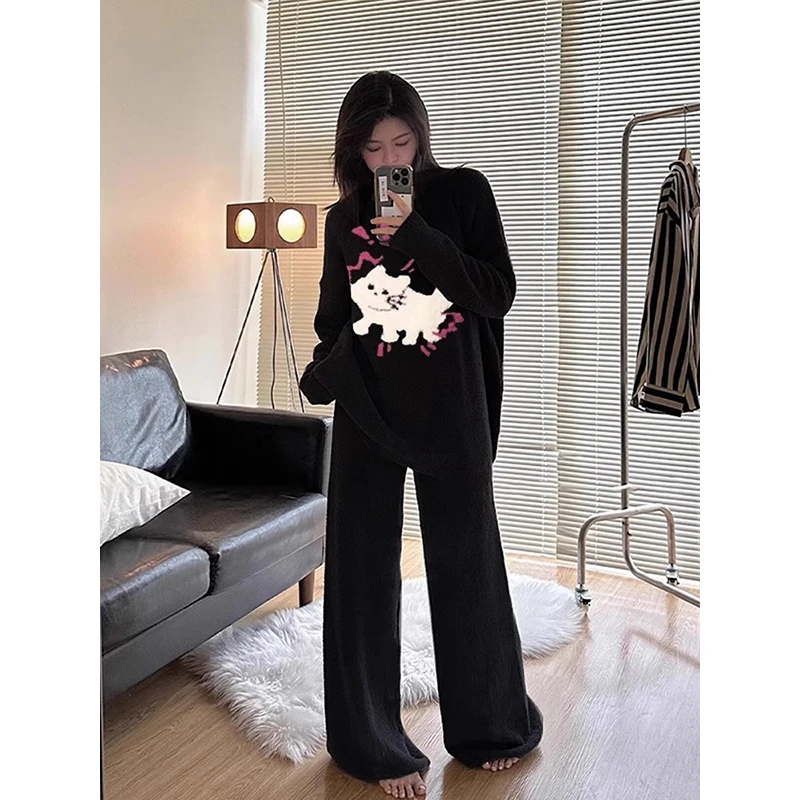 韩版可爱小猫睡衣女款2024新款秋冬季加厚长袖长裤大码家居服外穿