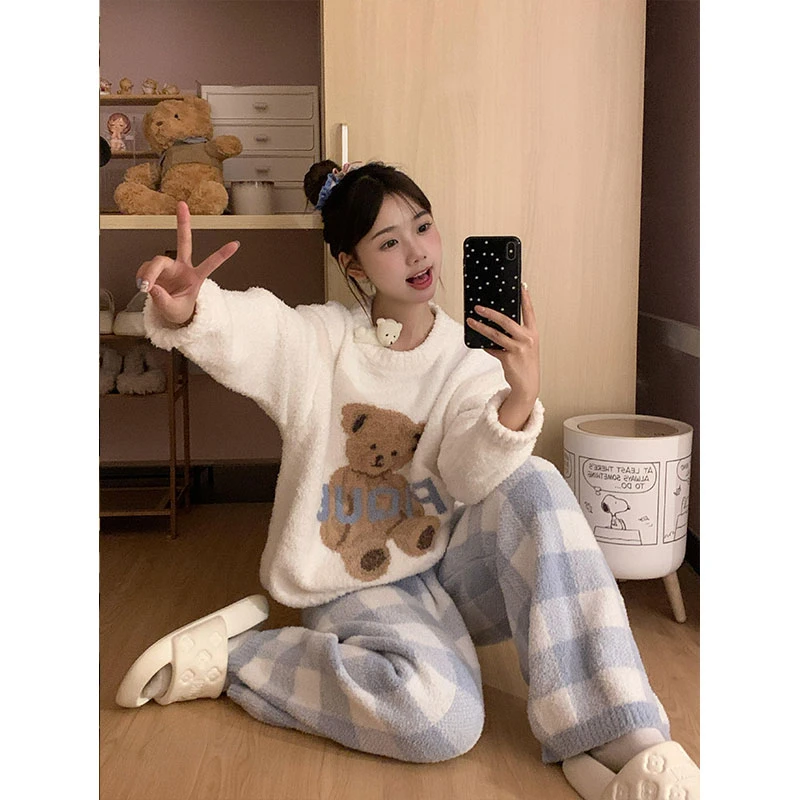 卡通可爱小熊半边绒睡衣女冬季加绒加厚保暖大码可外穿家居服套装